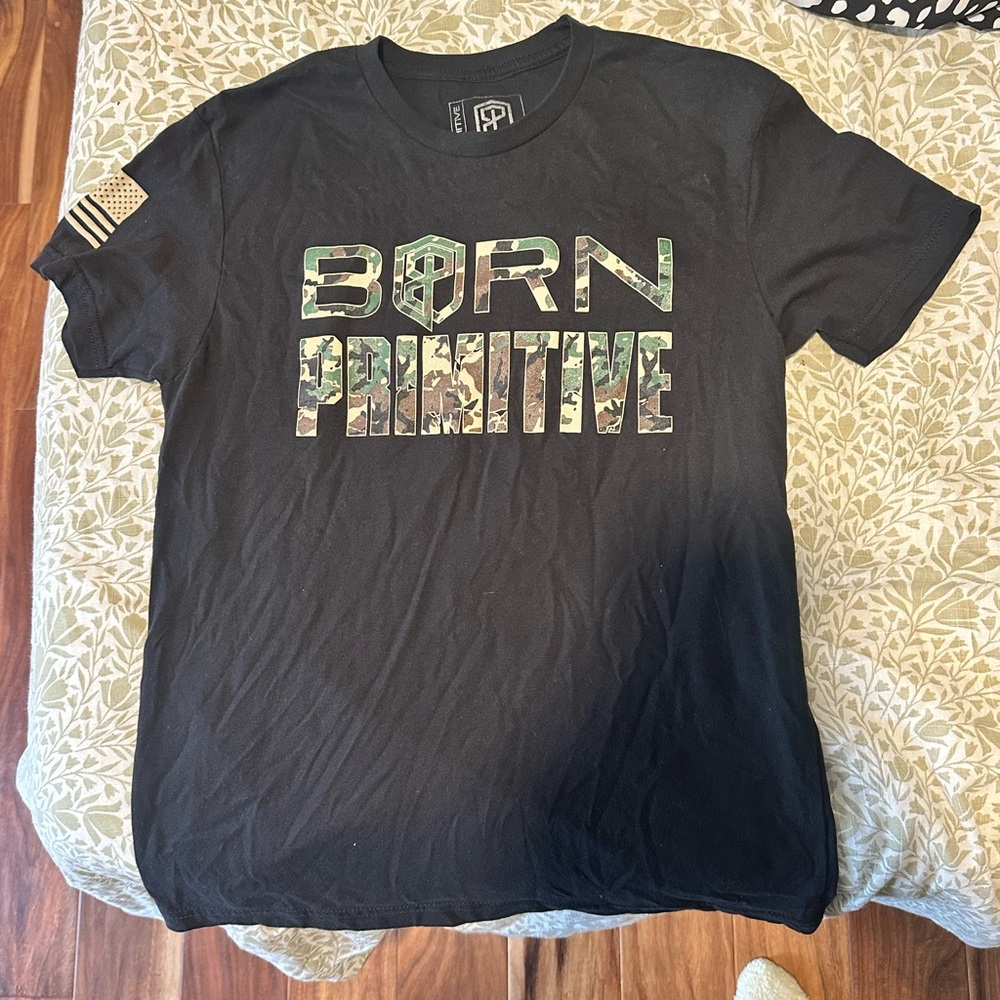 Born Primitive Black T-Shirt with Green Camo Logo